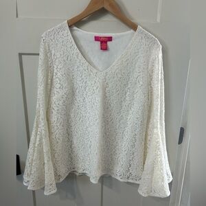 Catherine Malandrino Women's Med White Lace Long Bell Flare Sleeve Lined Top